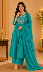 Teal Blue Floral Embroidered Anarkali Kurta Set