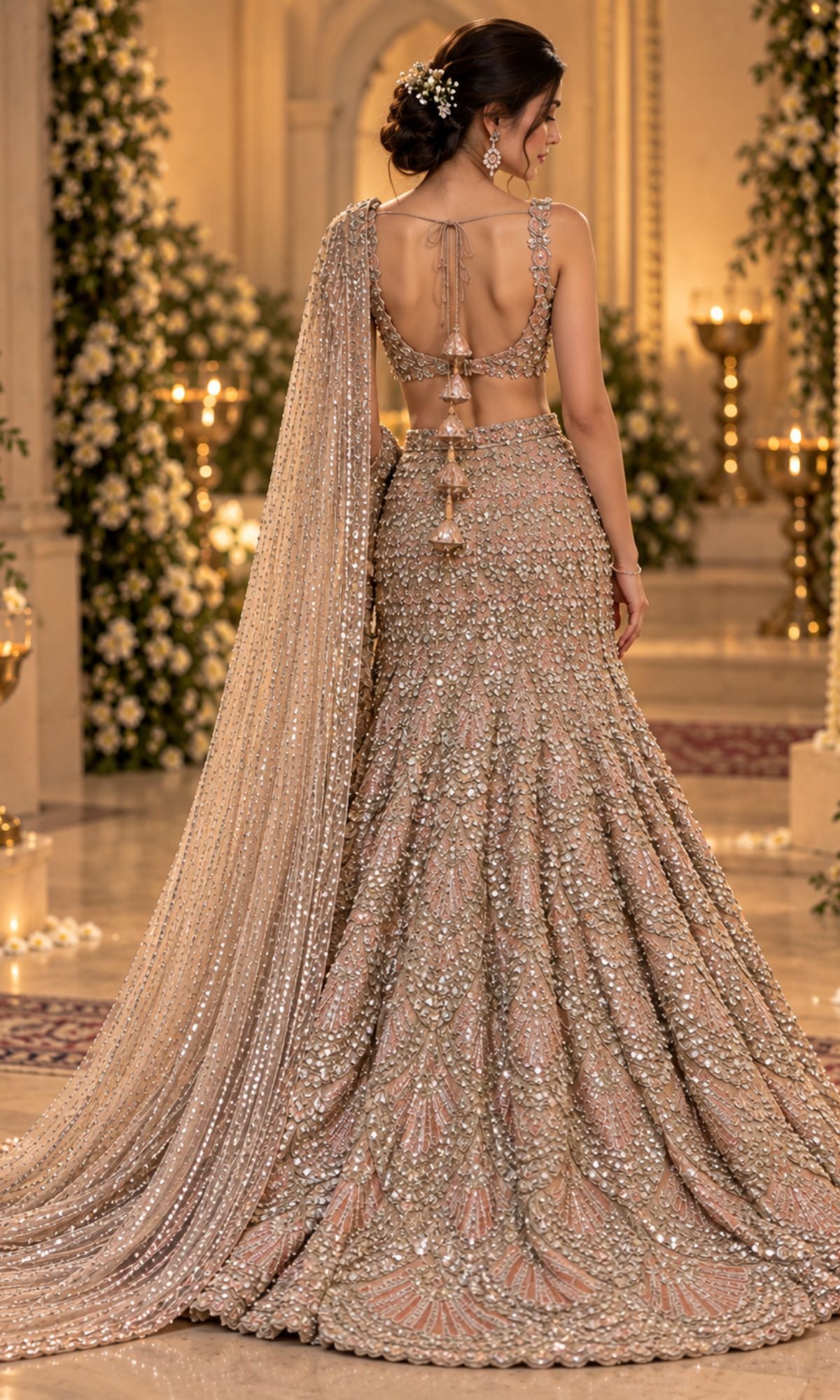 Champagne Rose Gold Bridal Lehenga with Heavy Sequin Embroidery