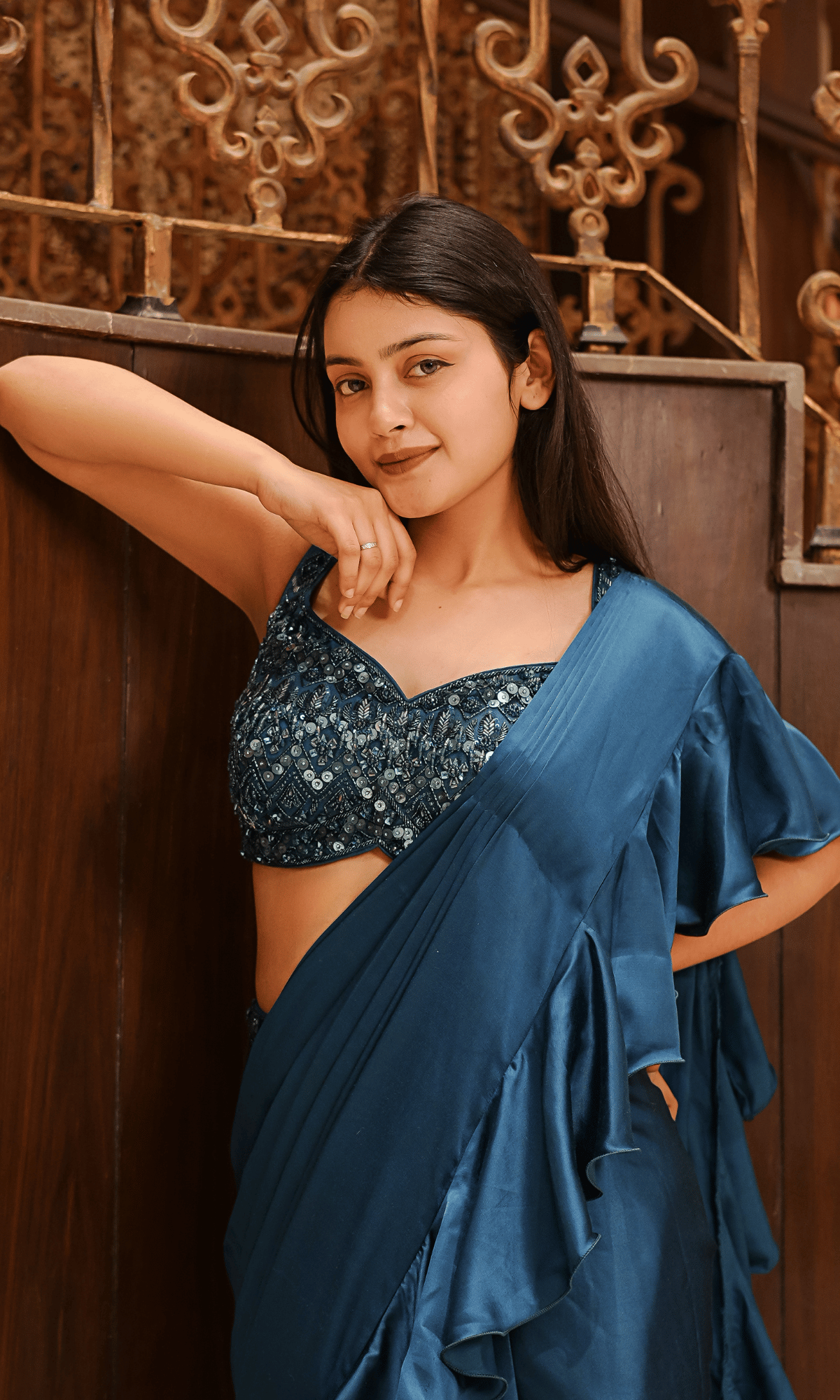 Teal Blue Satin Ruffle Saree with Embroidered Blouse