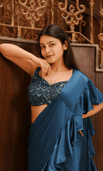 Teal Blue Satin Ruffle Saree with Embroidered Blouse