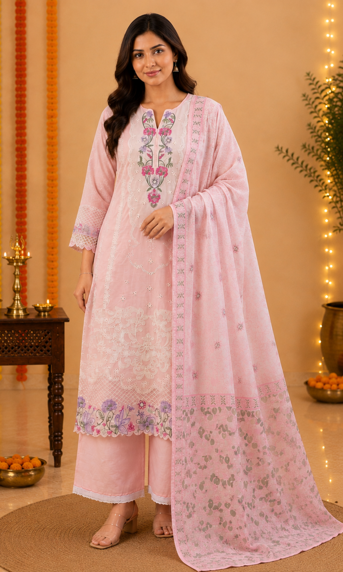 Pink Floral Embroidered Kurta Set