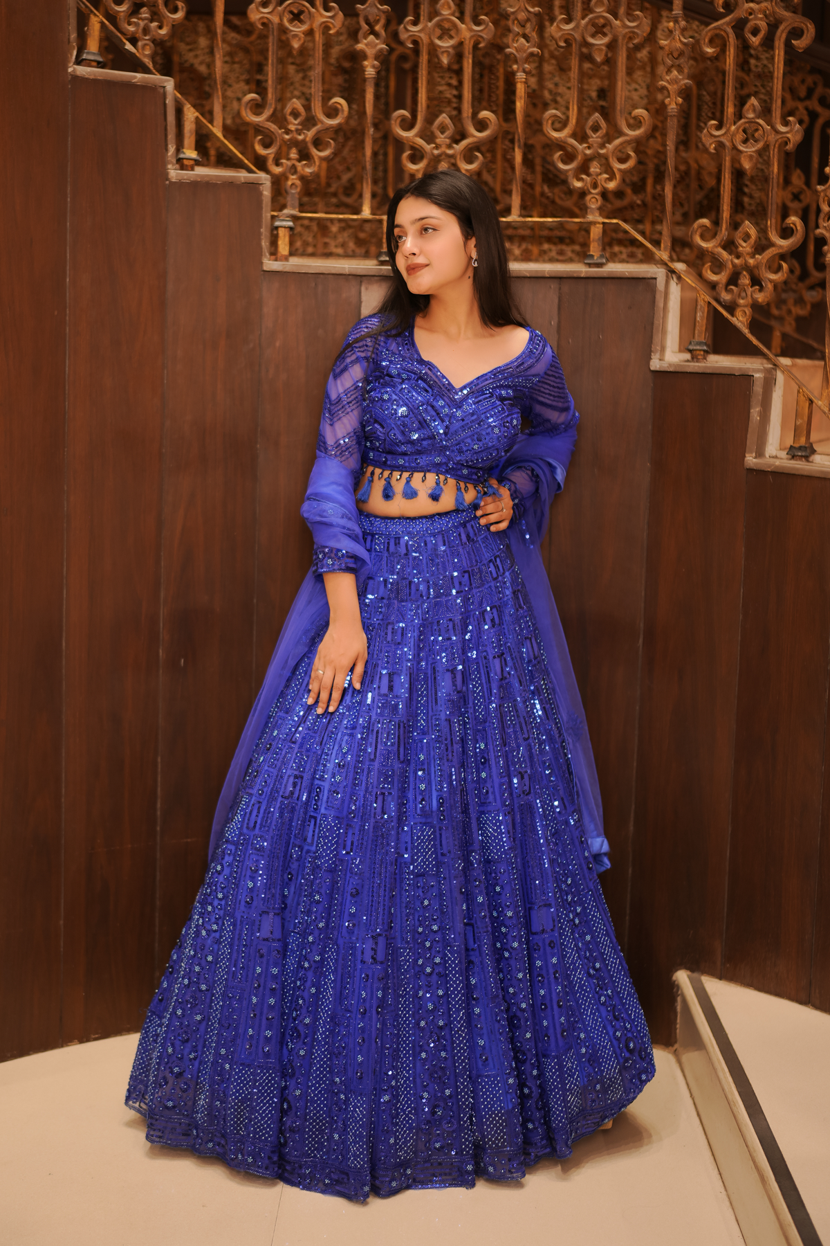 Electric Blue Sequenced Lehenga With Full Sleeves Blouse