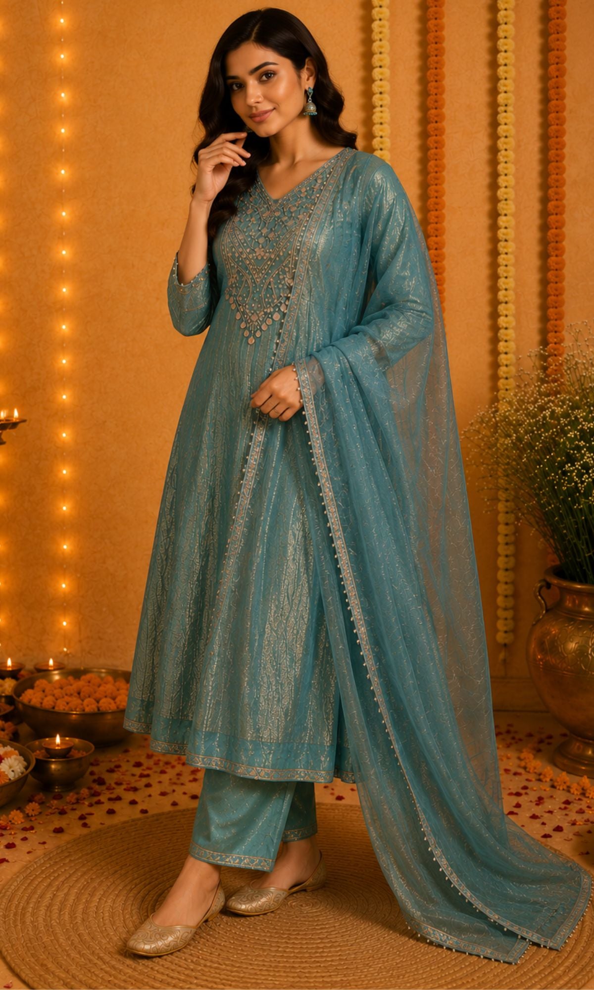Blue Embellished Kurta Set