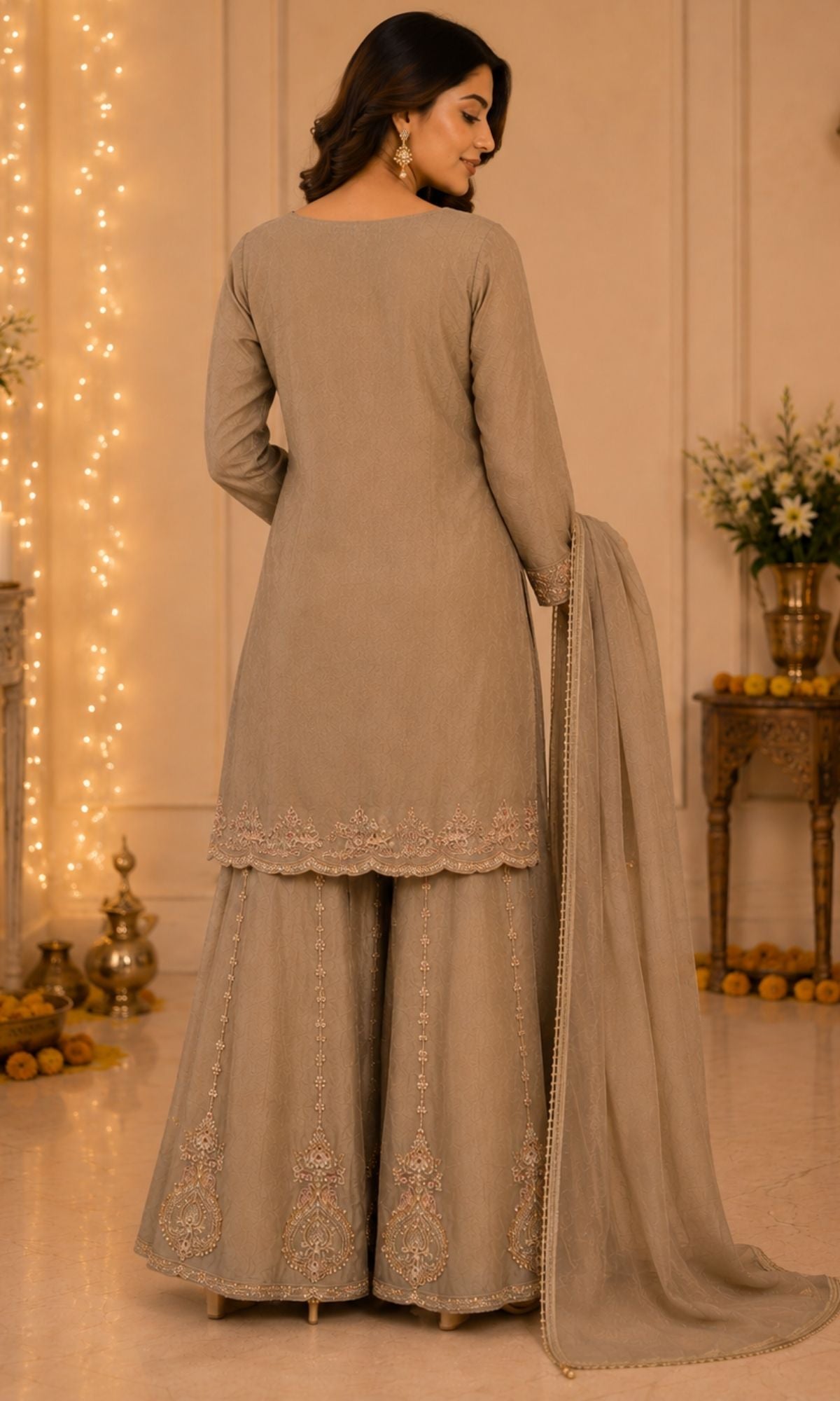 Brown Embroidered Palazzo Sharara Set