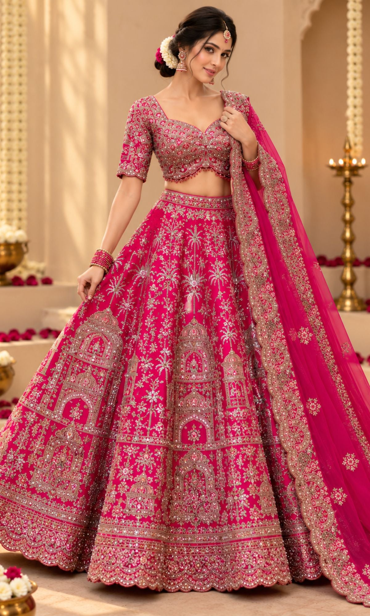 Pink Bridal Embroidered Lehenga with Blouse & Dupatta