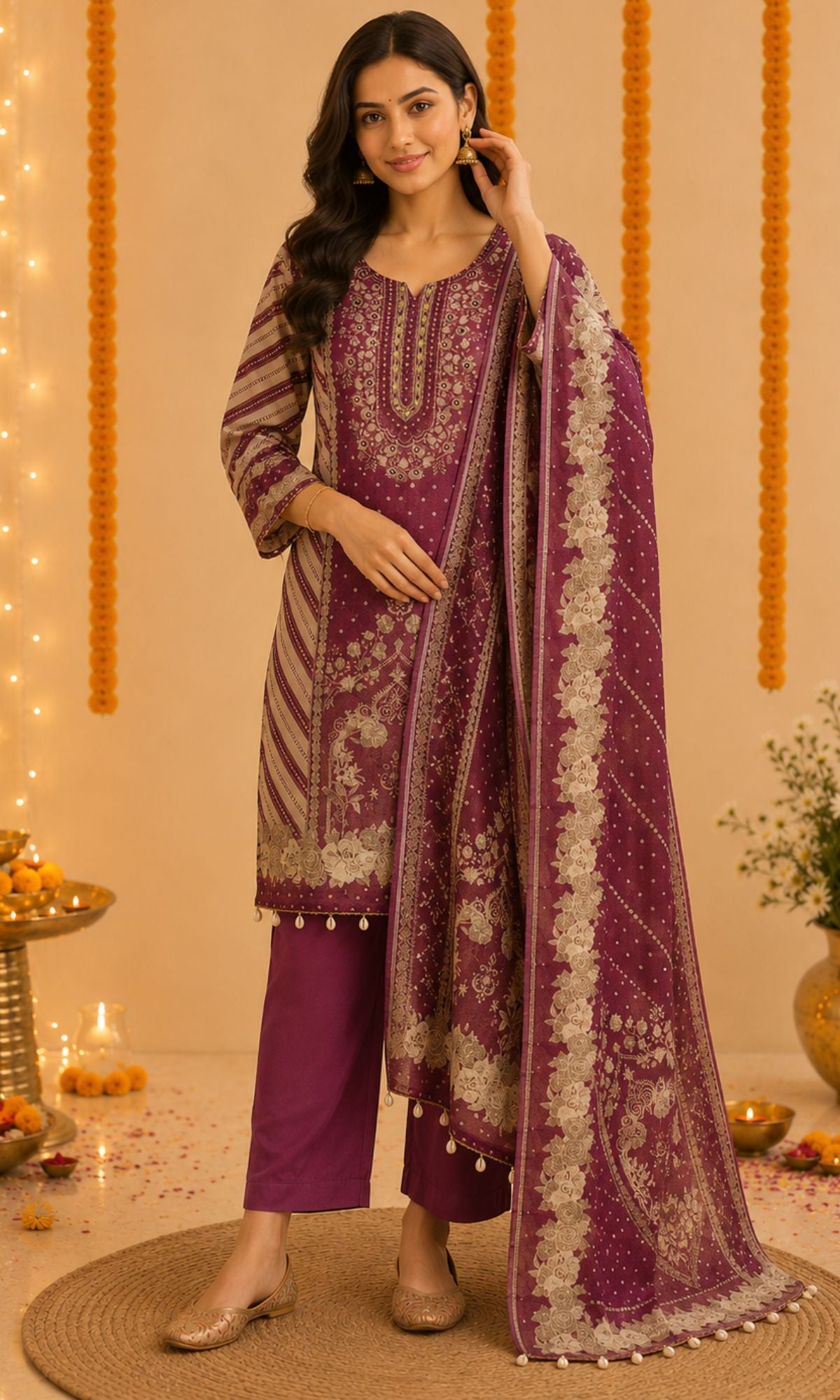 Wine Embellished Kurta Set