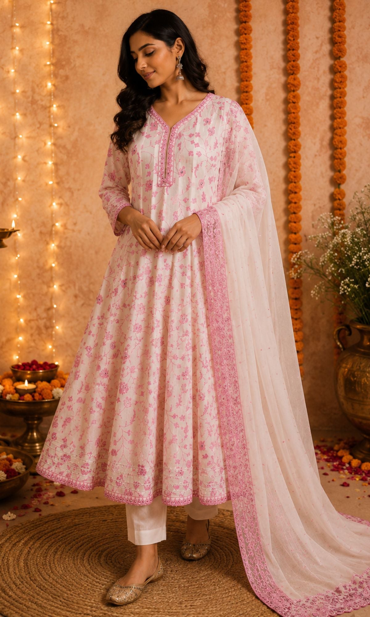 White & PInk Threadwork Anarkali Kurta Set