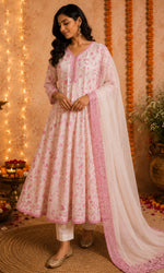 White & PInk Threadwork Anarkali Kurta Set