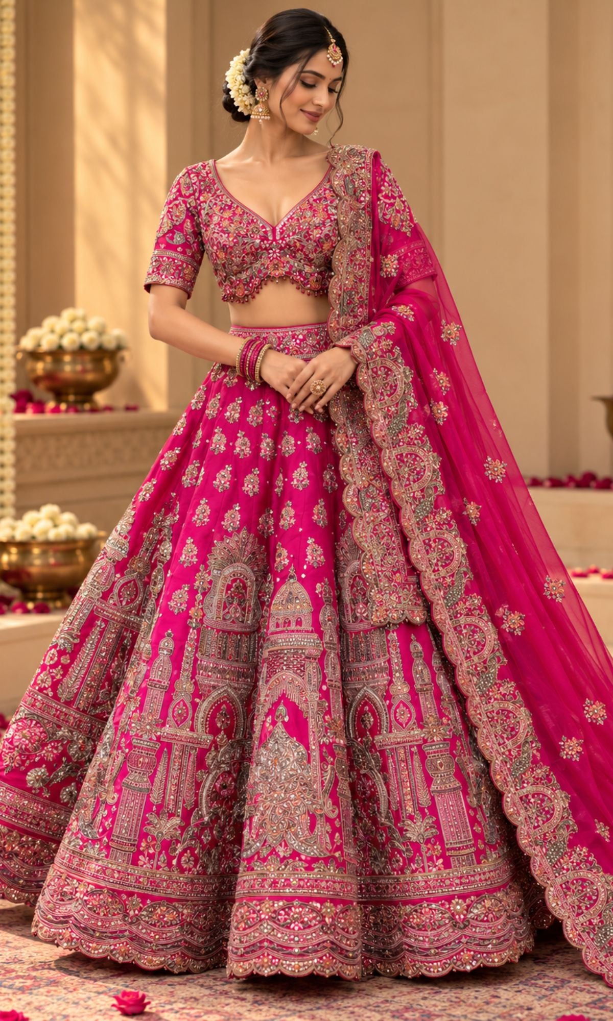 Rani PinkEmbroidered Bridal Lehenga with Blouse & Dupatta