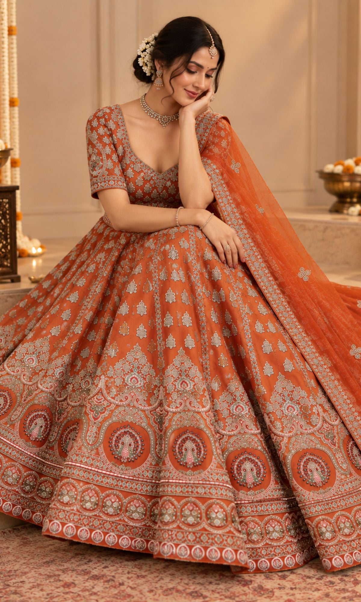 Orange Bridal Lehenga with Silver Embroidery & Embellished Dupatta