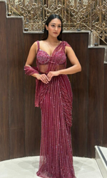 Maroon Embellished Draped Saree with Stitched Blouyse