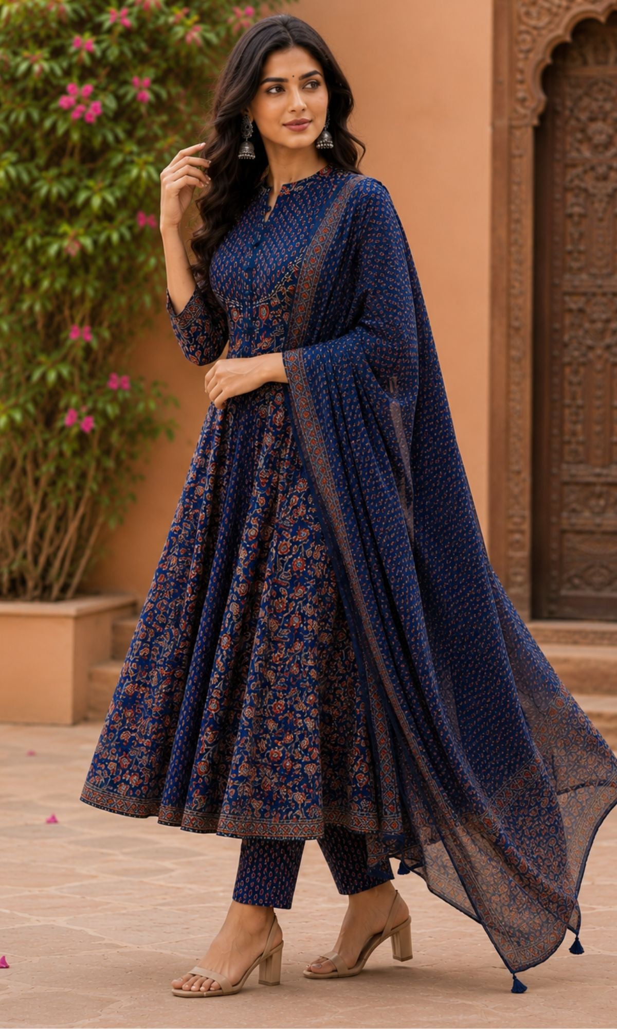 Navy Blue Printed Anarkali Kurta Set