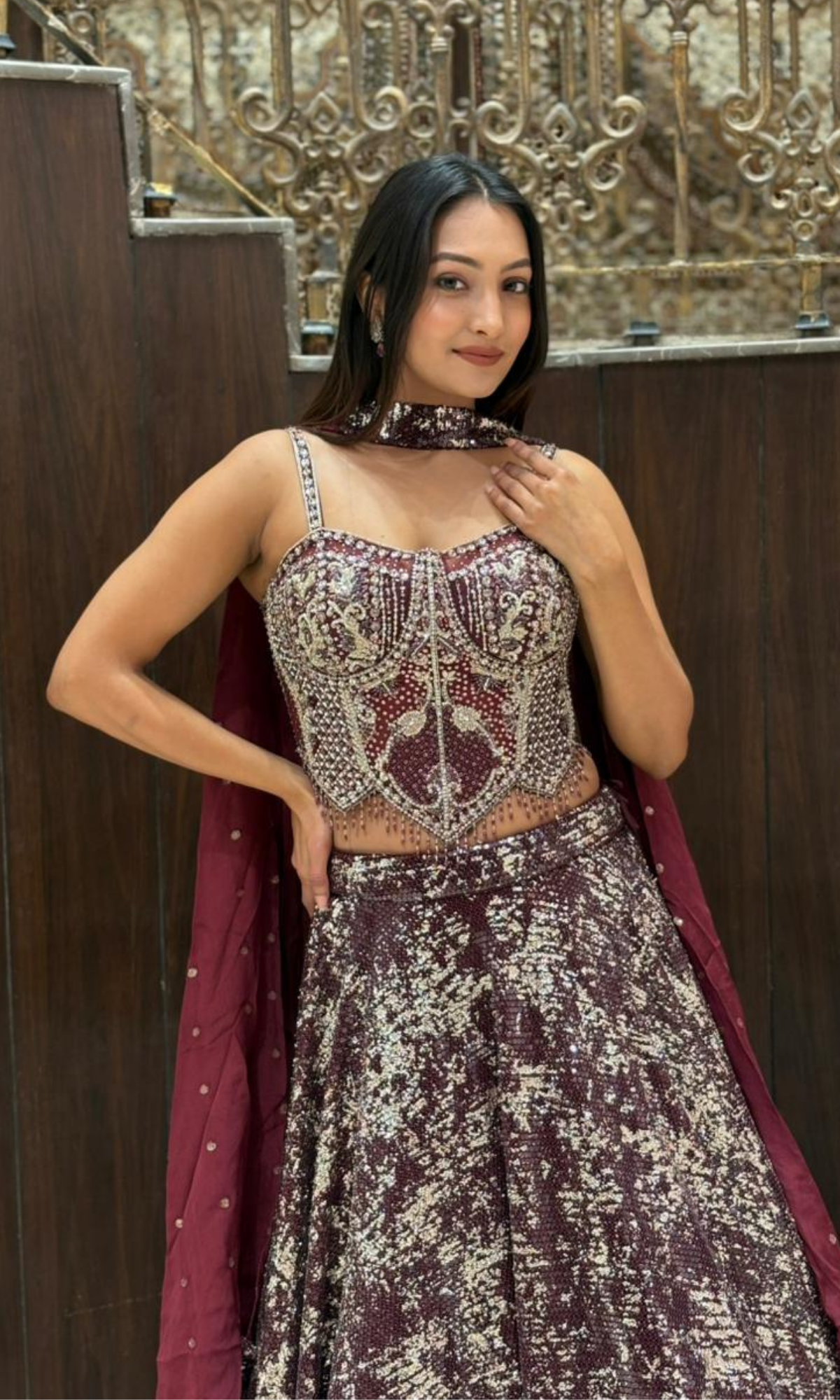 Wine Shimmer Skirt with Corset Blouse Lehenga