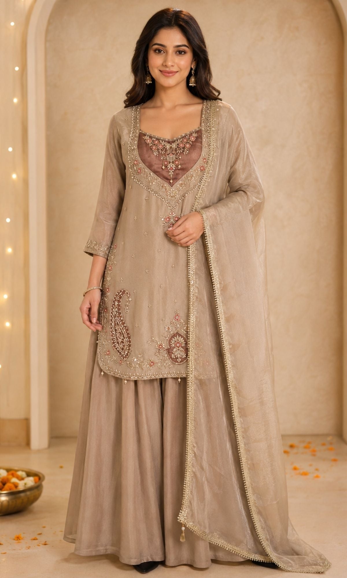 Brown Embroidered Palazzo Sharara Set