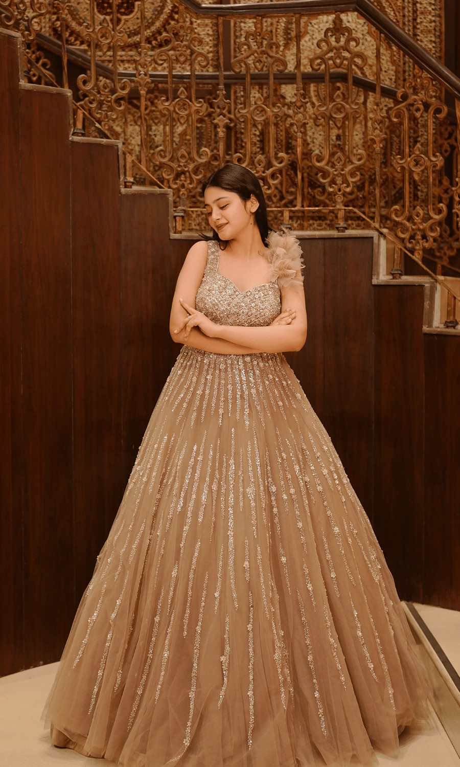 Champagne Sequence Ball Gown With Feather Sleeve