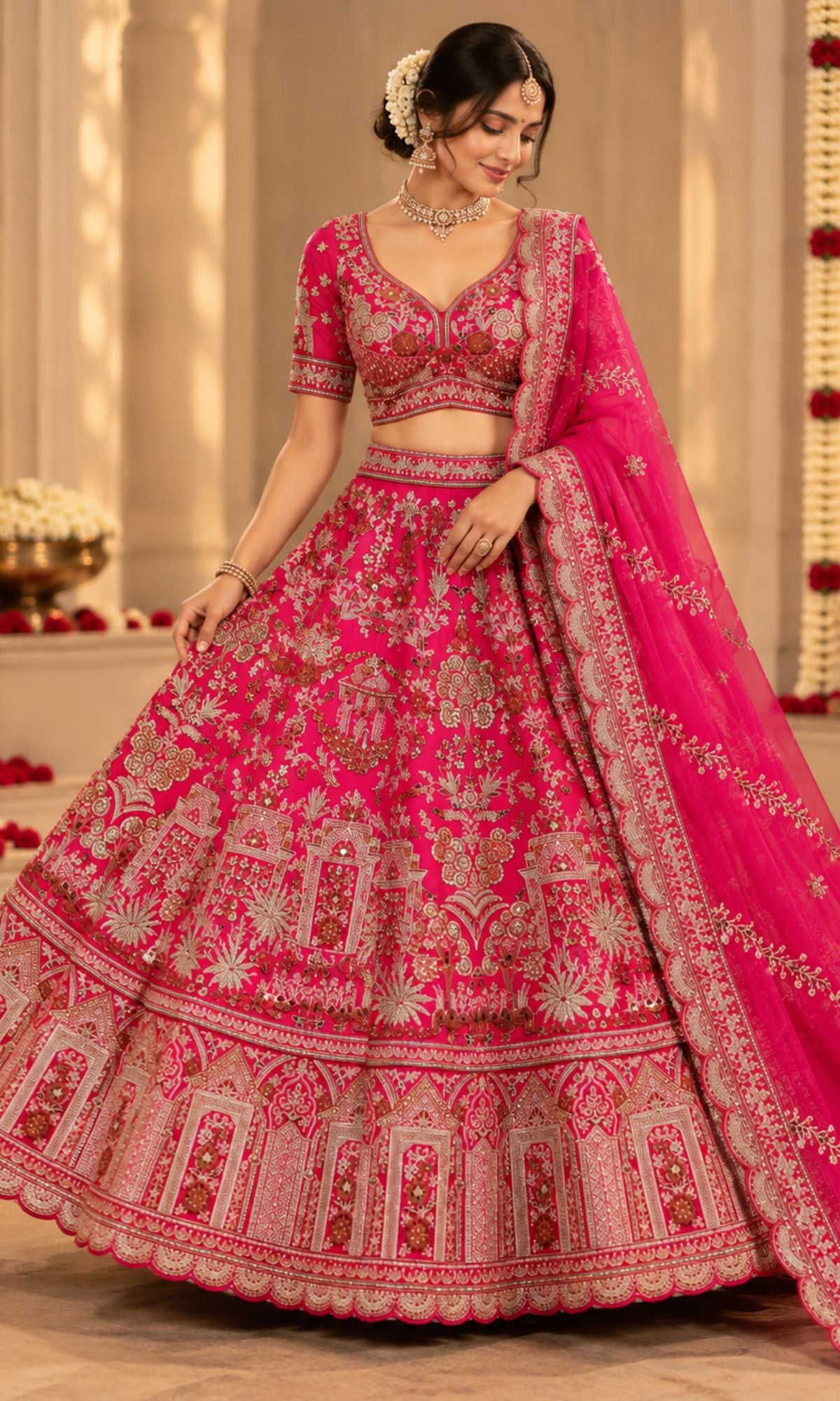 Pink Bridal Lehenga with Heavy Floral & Ornamental Embroidery