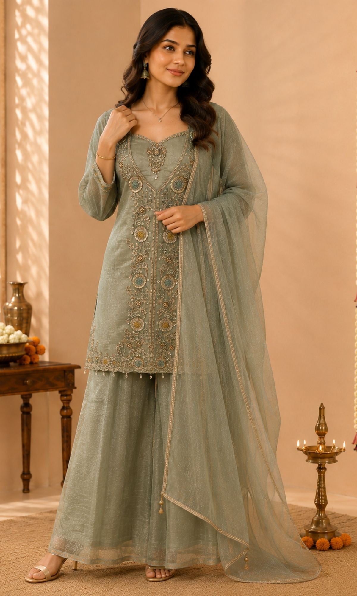 Mint Green Embroidered Palazzo Sharara Set