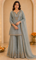 Blue Embroidered Palazzo Sharara Set