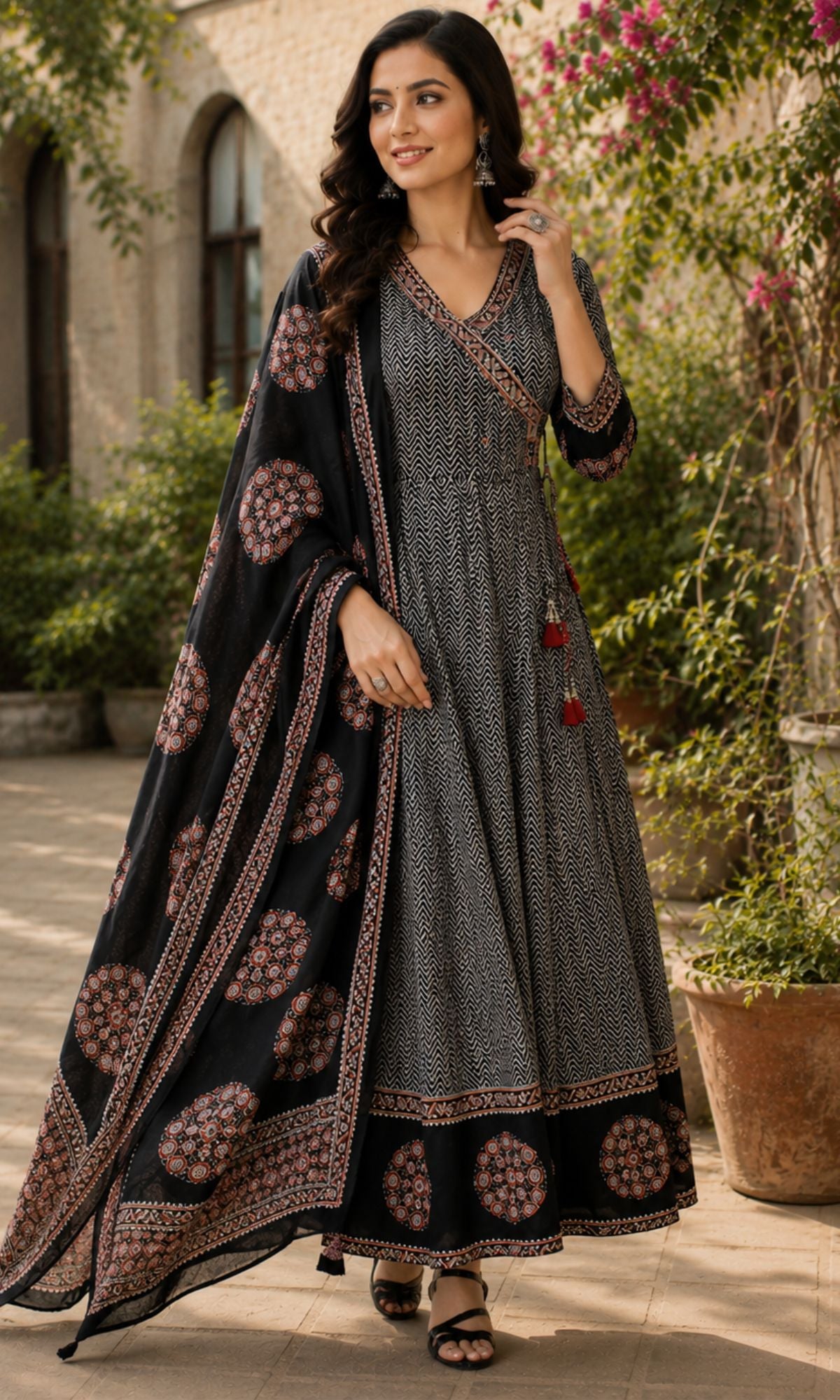 Black Ajrakh Printed Anarkali Kurta Set