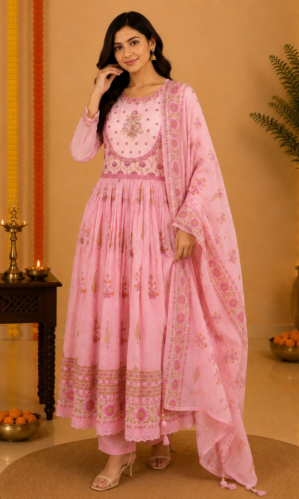 Pink Floral Printed Anarkali Kurta Set