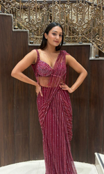 Maroon Embellished Draped Saree with Stitched Blouyse