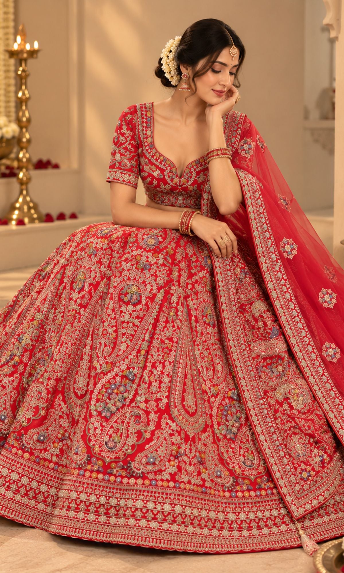 Red Bridal Lehenga with Heavy Paisley Embroidery & Sheer Dupatta
