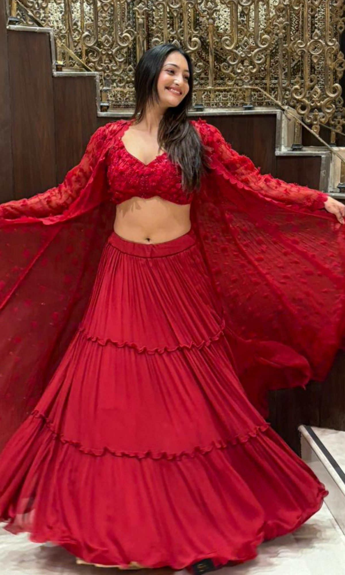 Red layered Skirt Set with Jacket