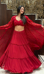 Red layered Skirt Set with Jacket