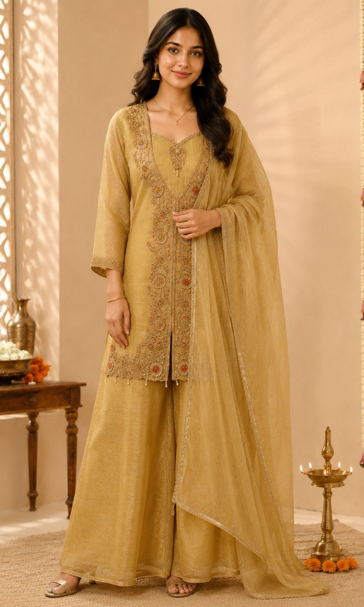 Gold Embroidered Palazzo Sharara Set