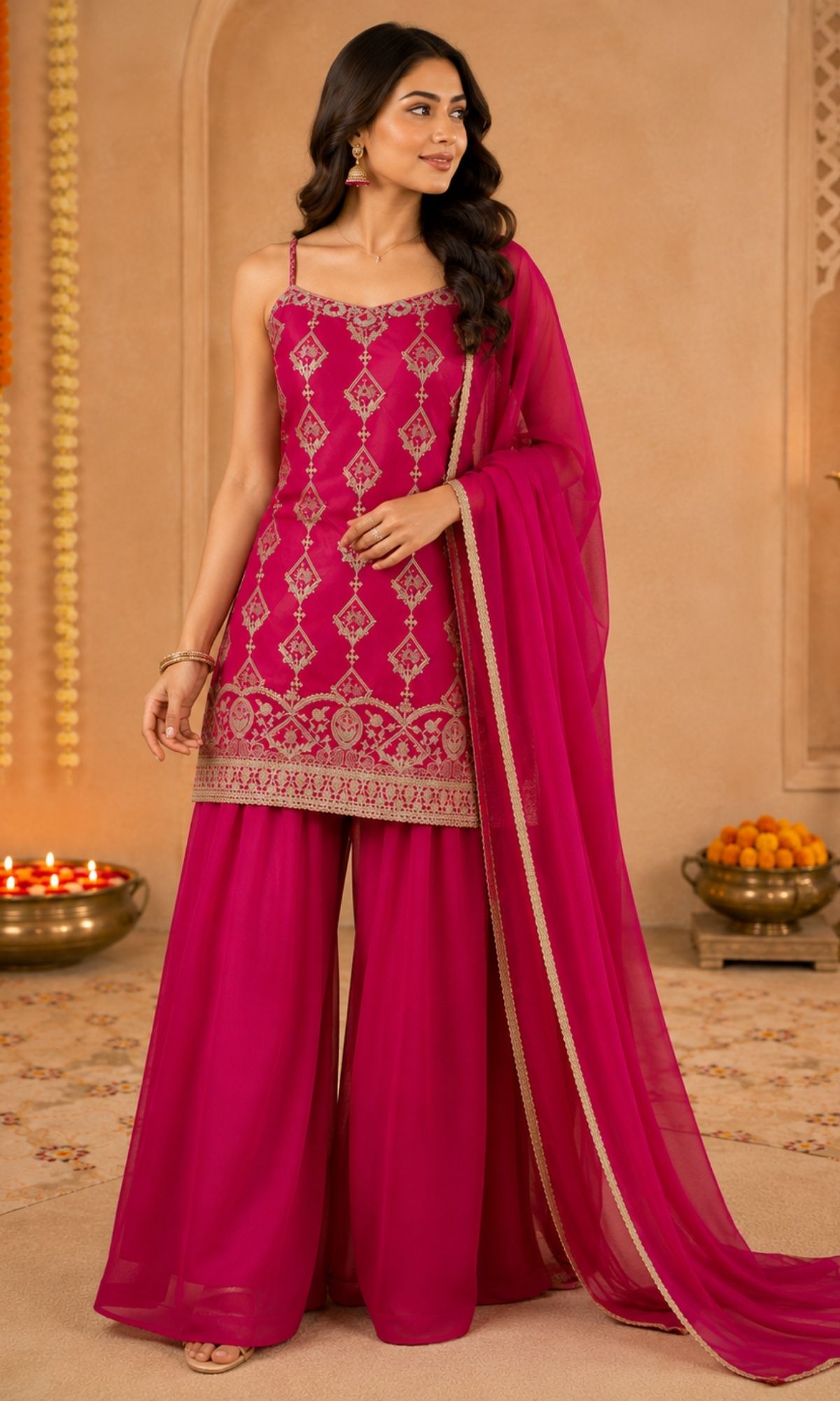 Mahenta Pink Weave Palazzo Sharara Set