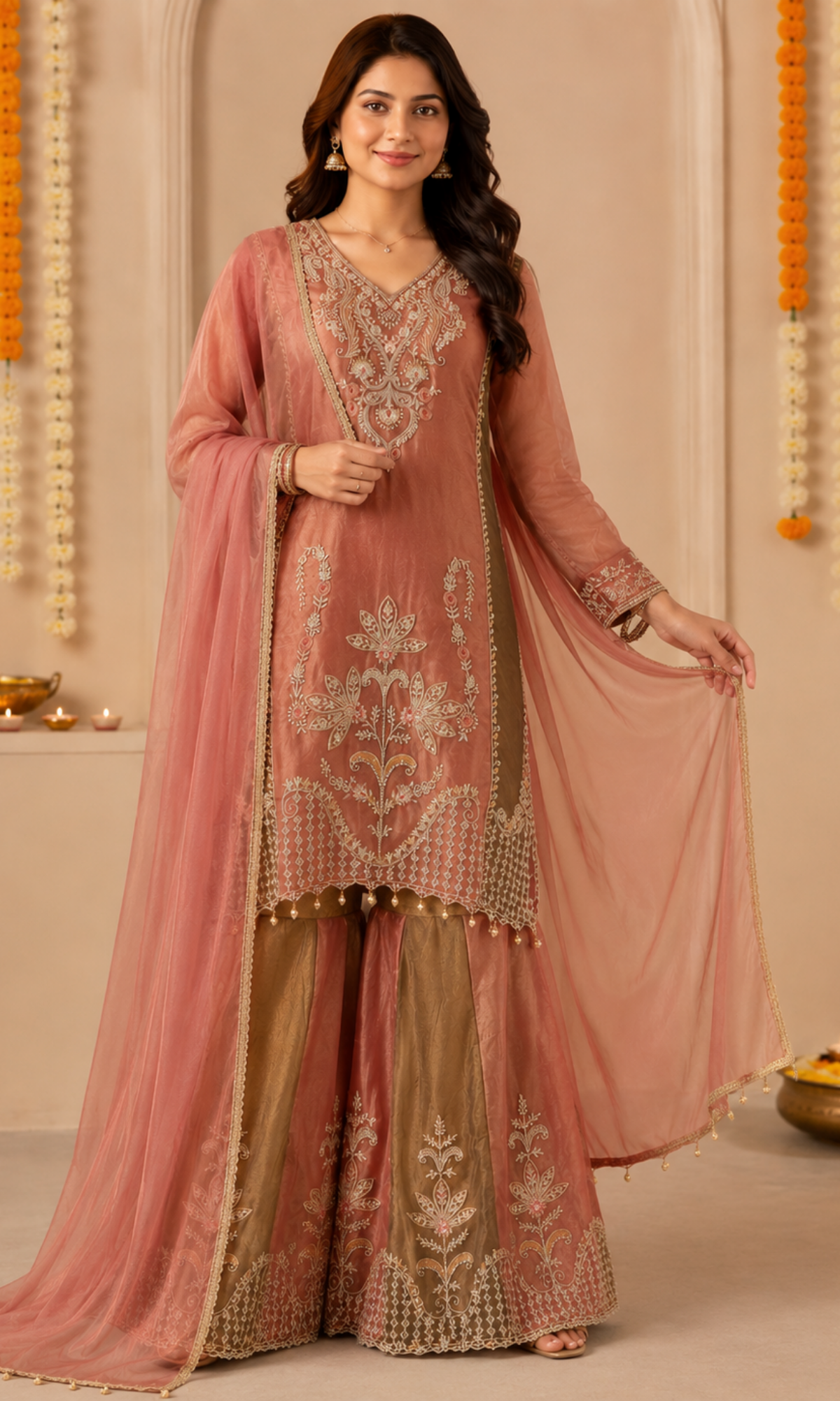 Rust Embroidered palazzo Sharara set