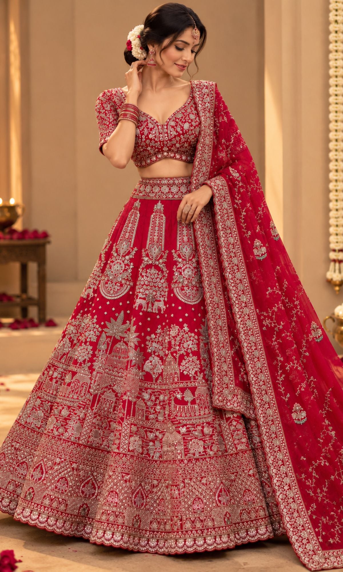 Bridal Red Embroidered Lehenga with Blouse & Dupatta