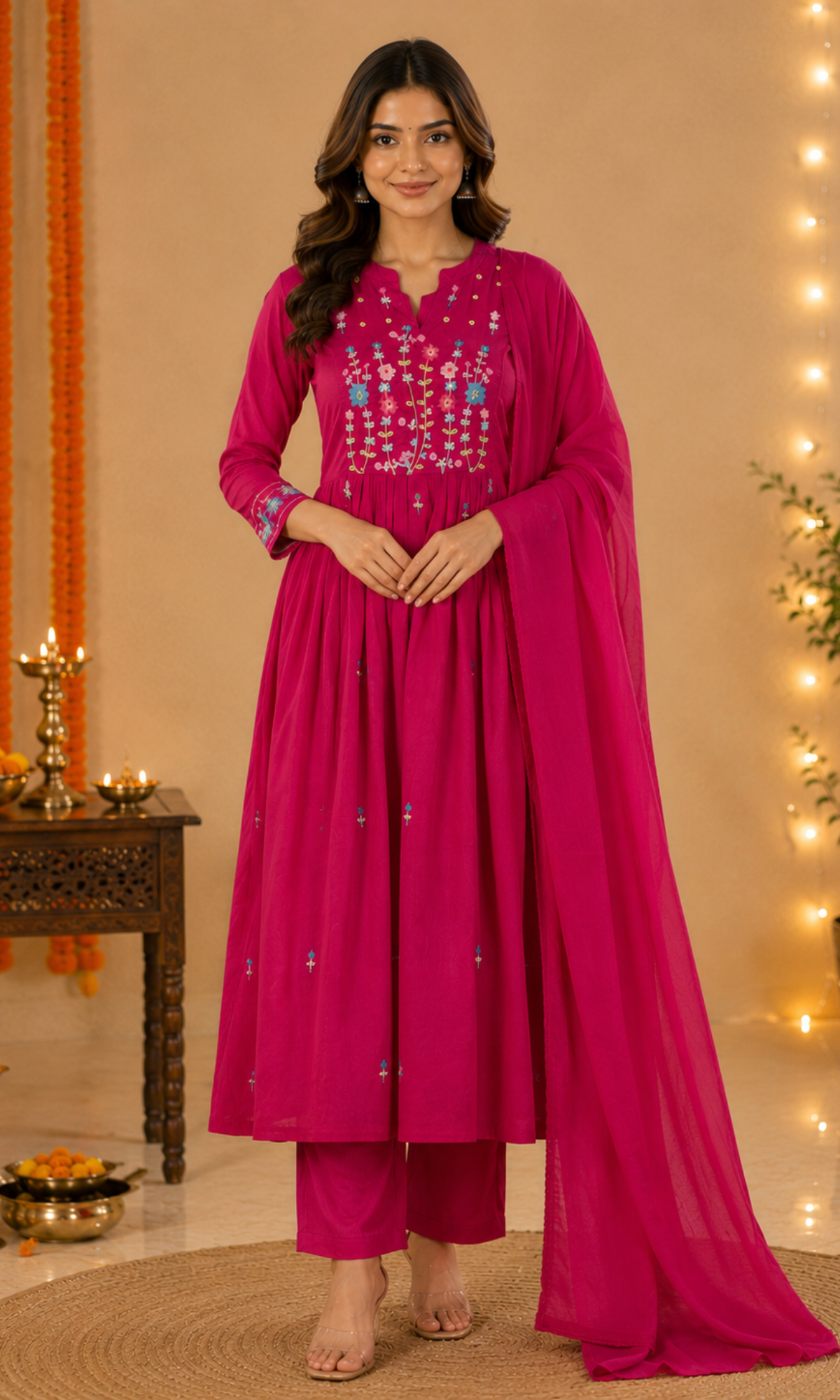 Magenta Pink Floral Embroidered Anarkali Kurta Set