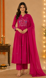Magenta Pink Floral Embroidered Anarkali Kurta Set