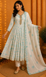 White & Aqua Threadwork Anarkali Kurta Set