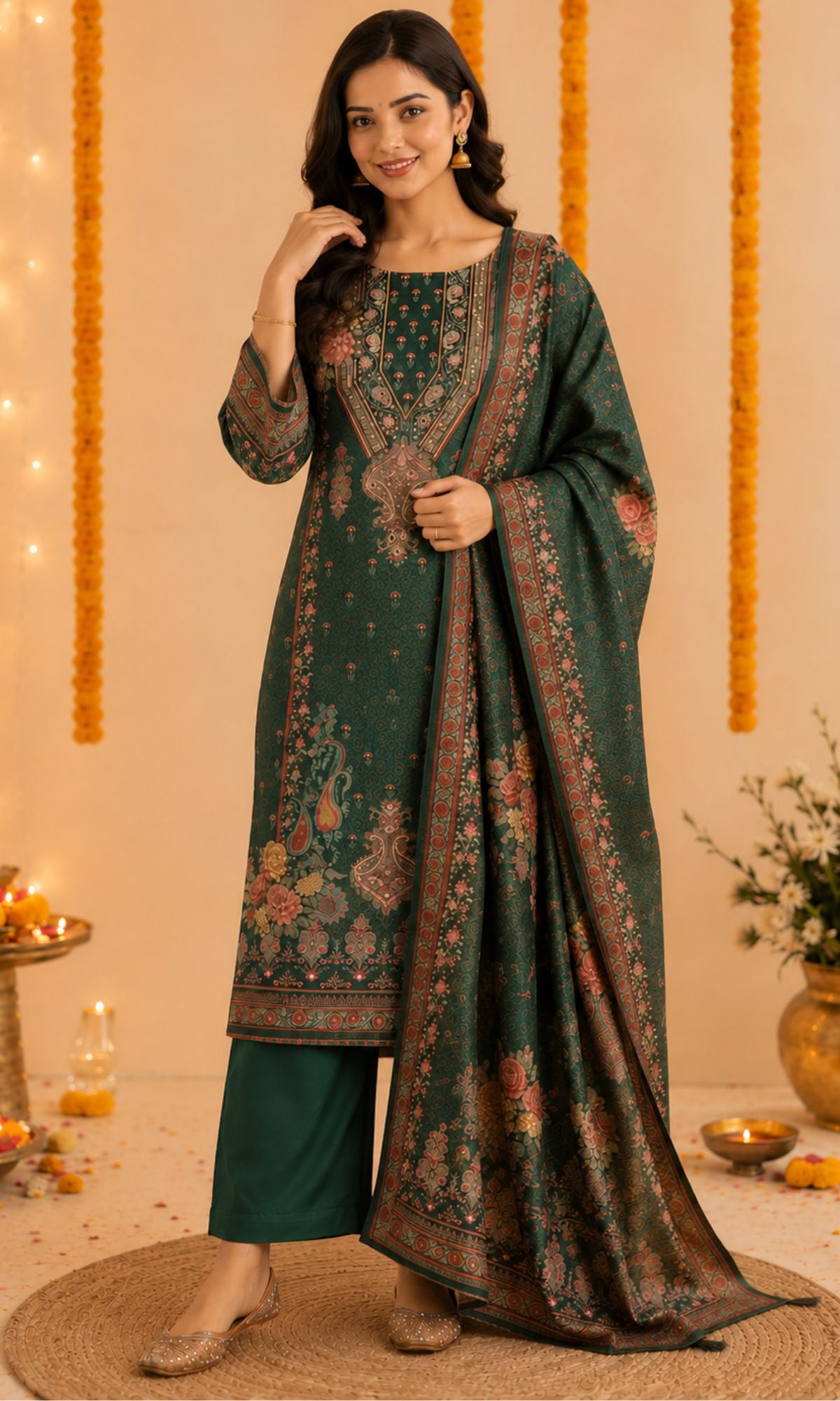 Green Paisely Embellished Kurat Set