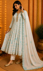 White & Aqua Threadwork Anarkali Kurta Set