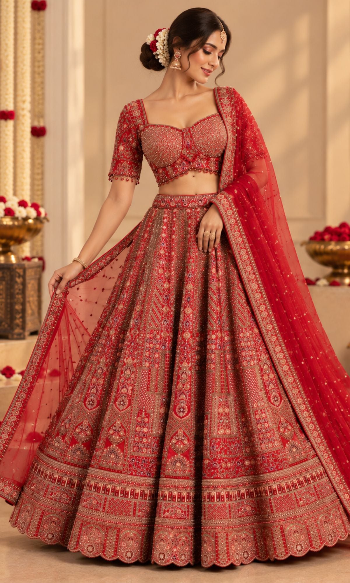 Red Bridal Lehenga with Intricate Traditional Embroidery & Sheer Dupatta
