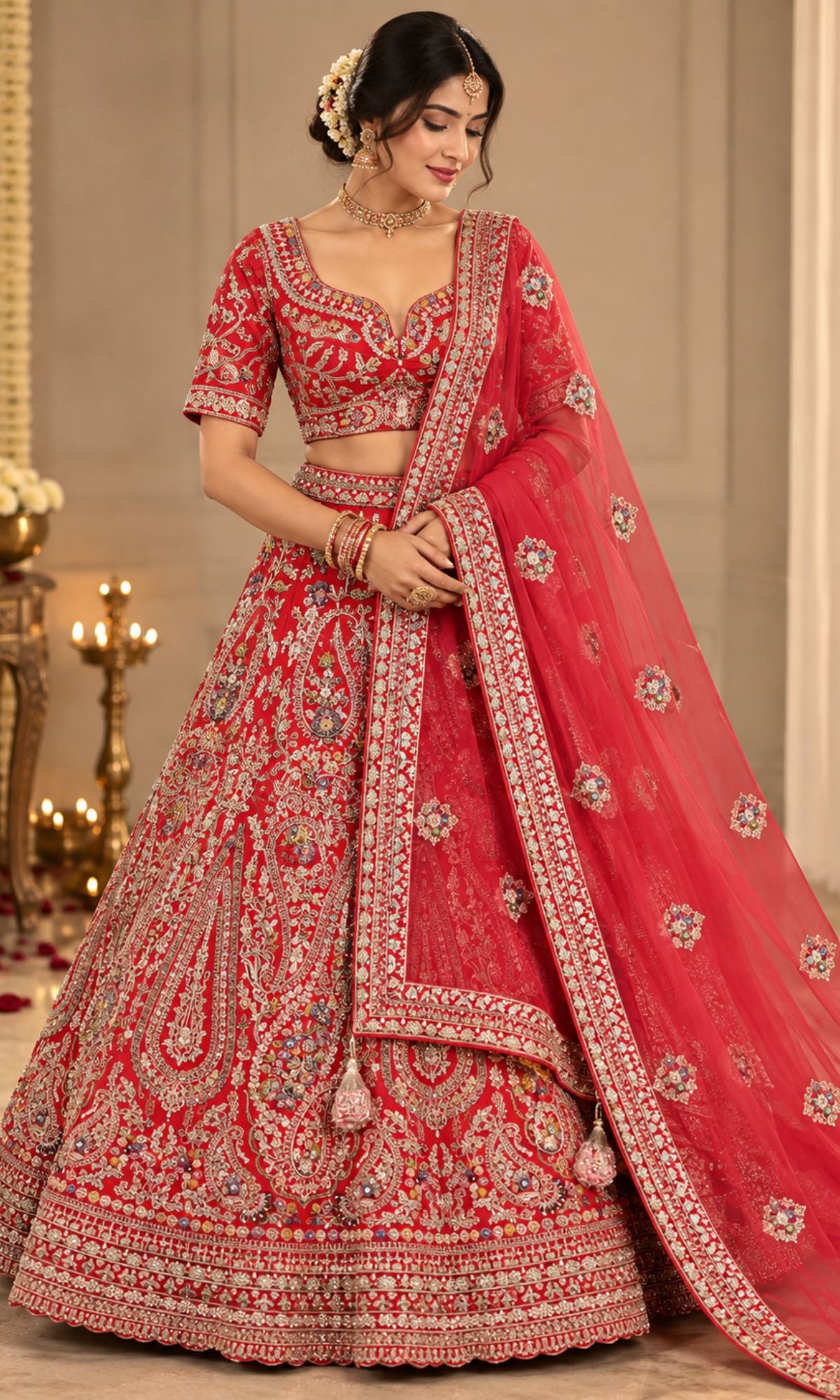 Red Bridal Lehenga with Heavy Paisley Embroidery & Sheer Dupatta