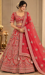 Red Bridal Lehenga with Heavy Paisley Embroidery & Sheer Dupatta
