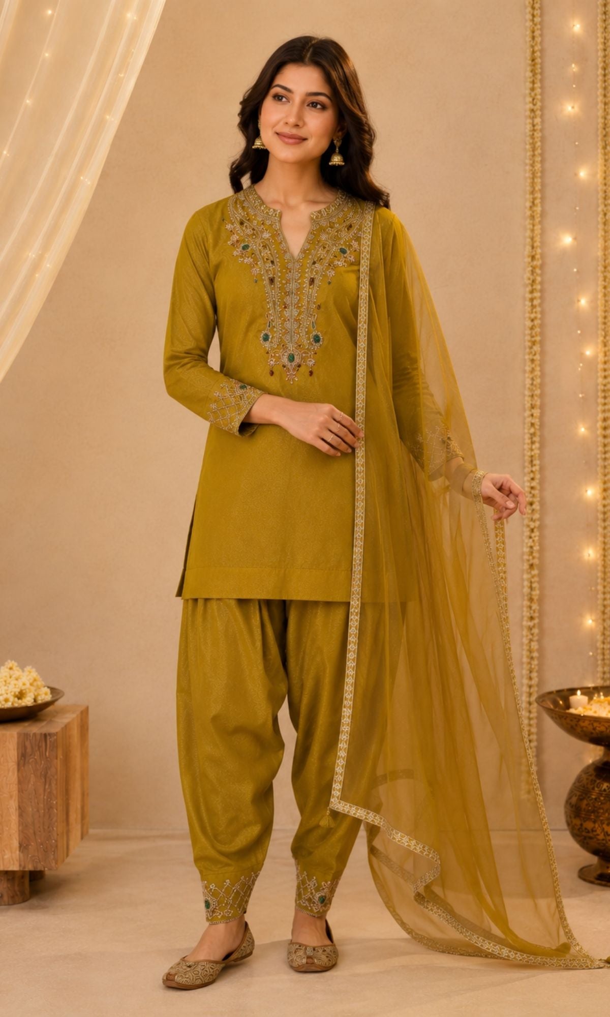 Mustard Embroidered Farsi Salwar Sharara Set