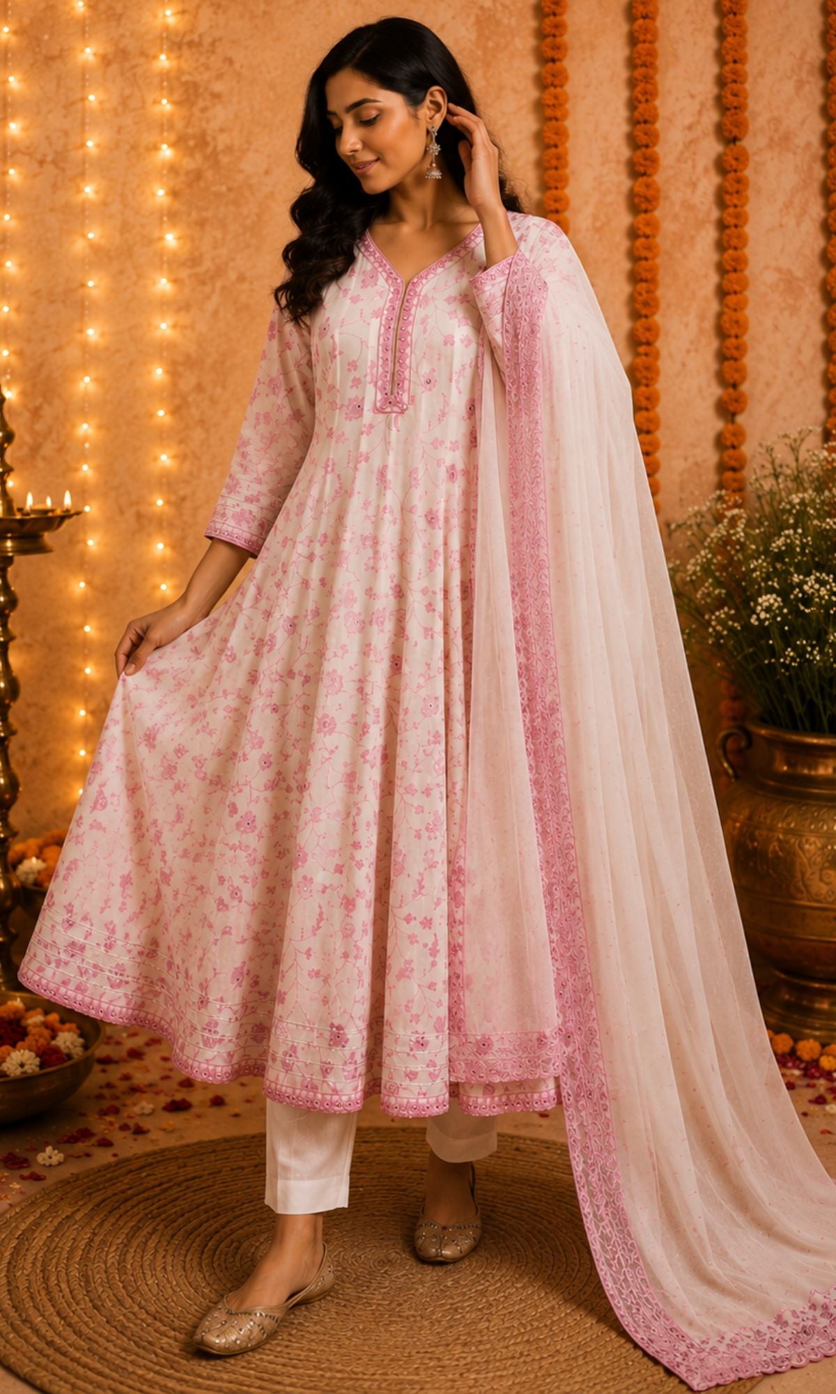 White & PInk Threadwork Anarkali Kurta Set