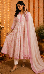 White & PInk Threadwork Anarkali Kurta Set