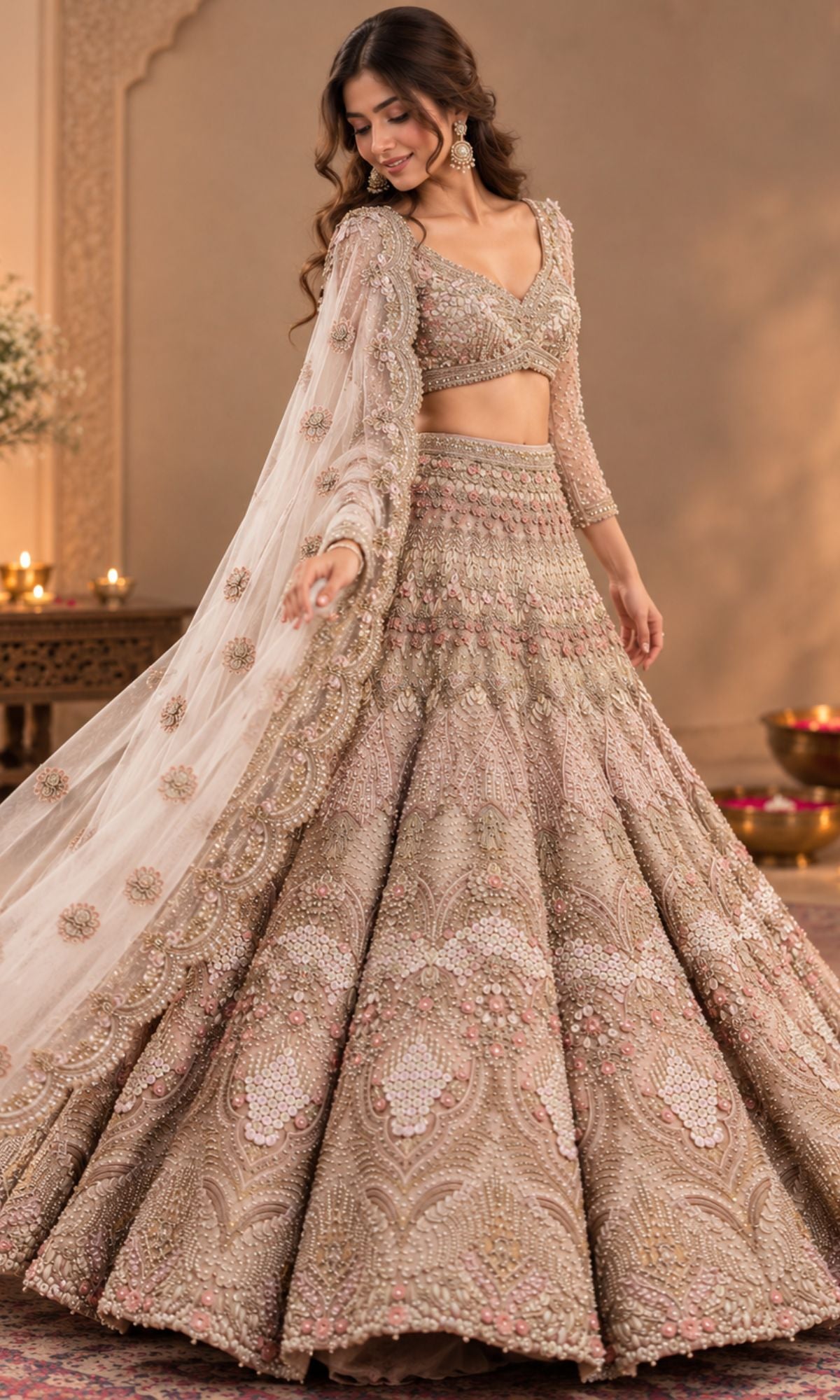 Champagne Blush Embroidered Bridal Lehenga