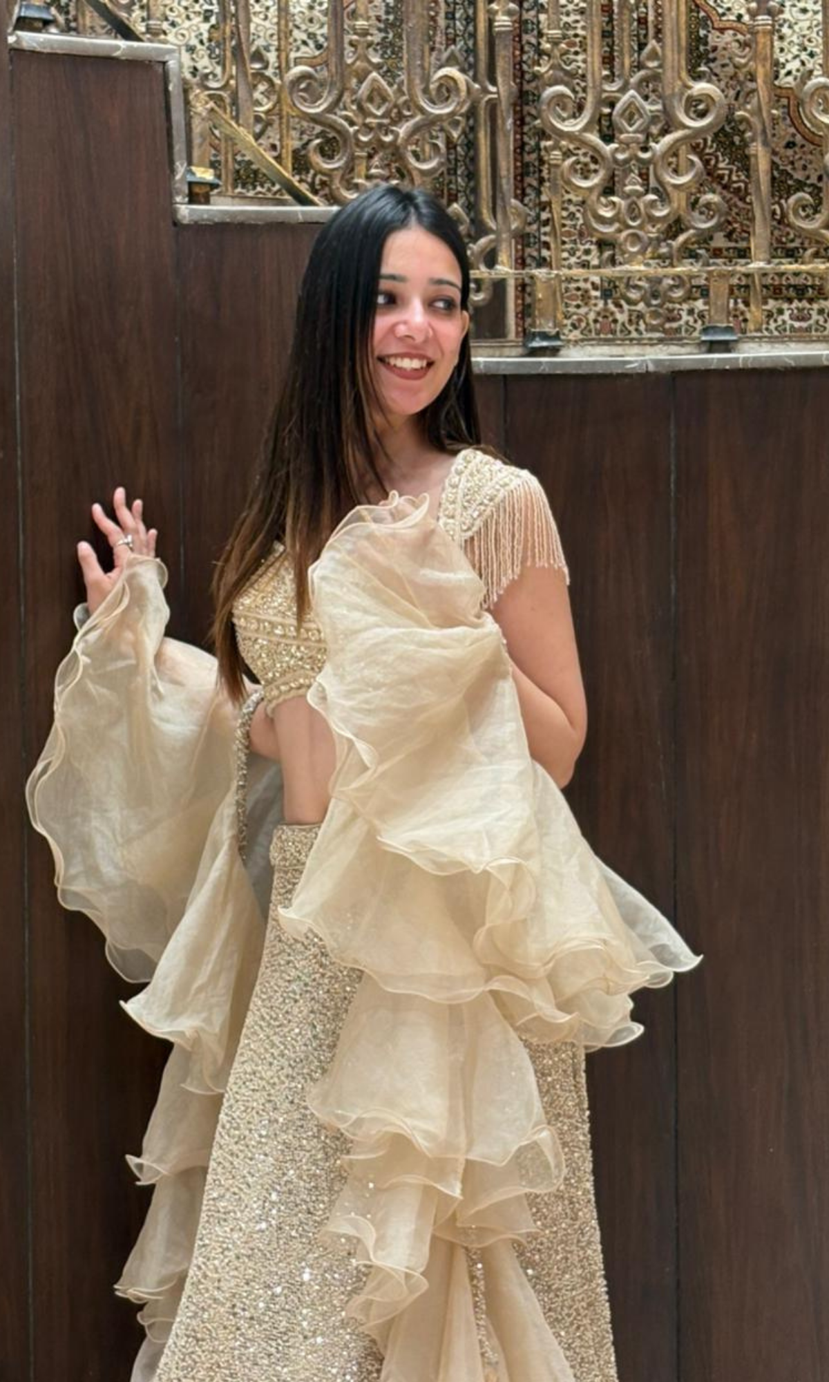 Gold Shimmer Lehenga with Stiched Blouse and Ruffle Dupatta