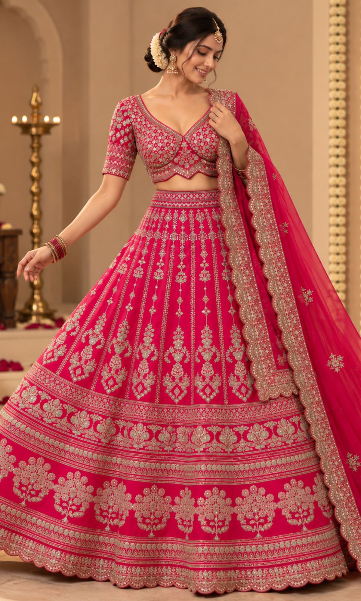 Pink Embroidered Bridal Lehenga with Blouse & Dupatta