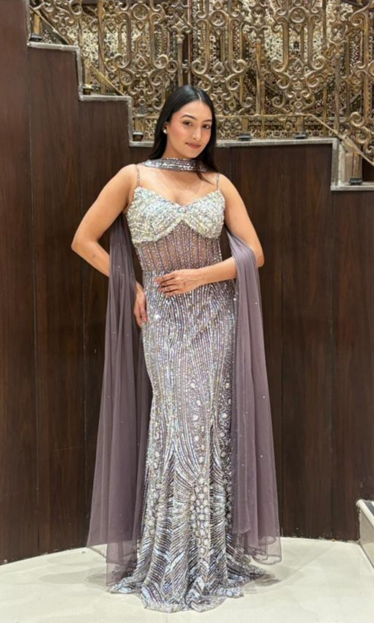 Lavender Embellished Gown With Choker Scarf