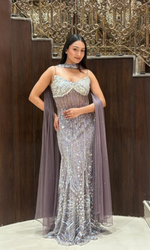 Lavender Embellished Gown With Choker Scarf