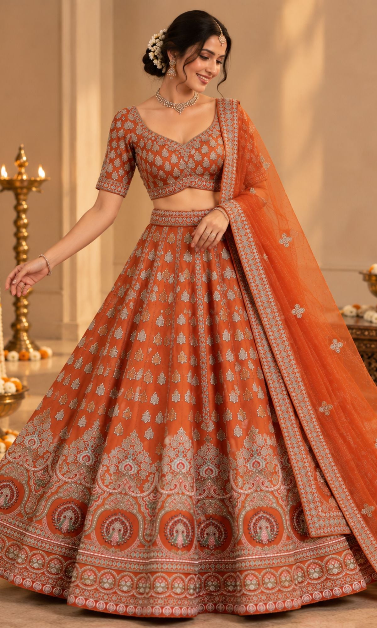Orange Bridal Lehenga with Silver Embroidery & Embellished Dupatta