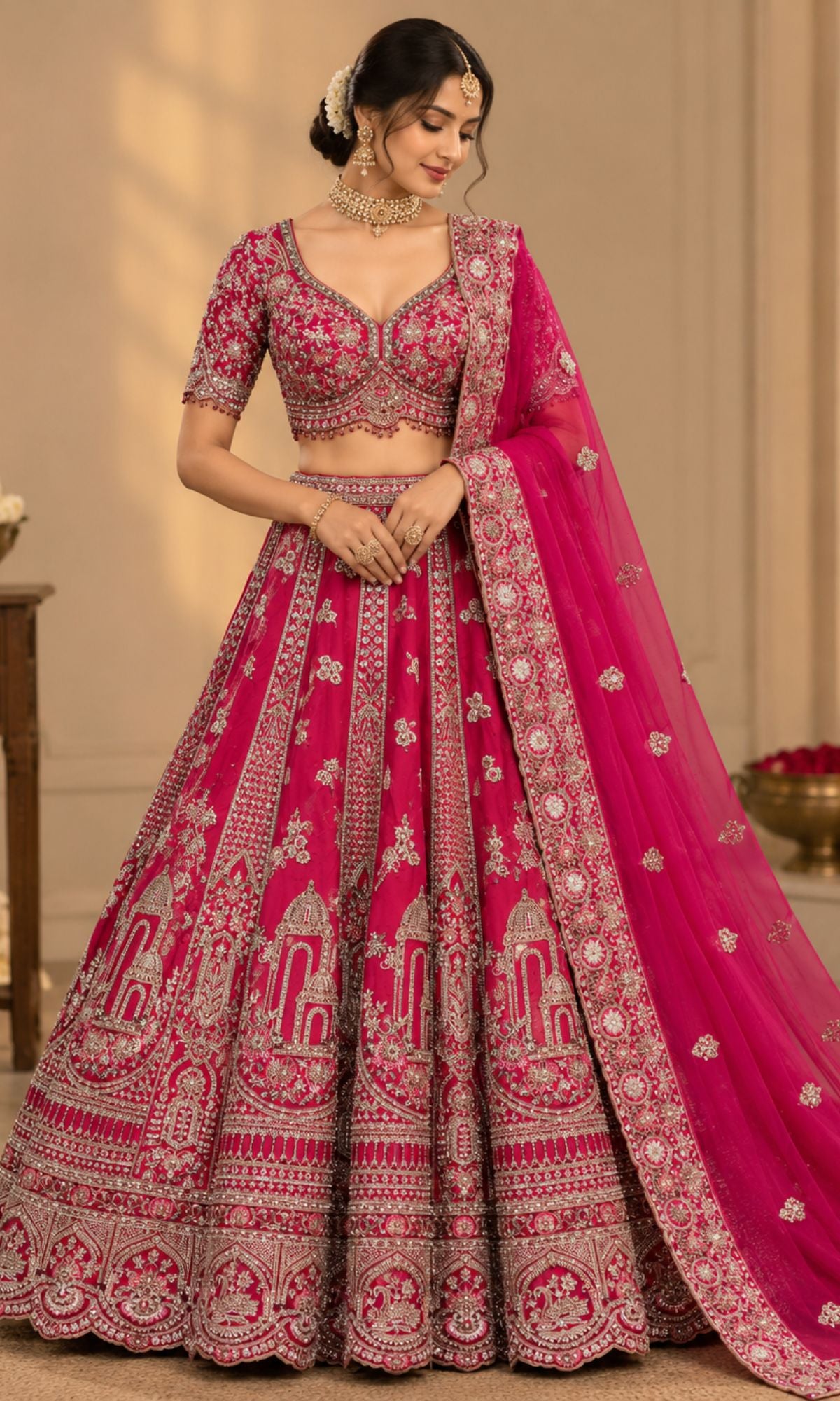 Rani Pink Bridal Lehenga with Intricate Embroidery & Embellished Dupatta